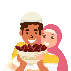 Poster - Happy Islamic Couple Holding Bowl Full Of Dates On White Background.