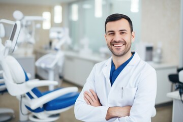 Wall Mural - Male portrait of a smiling armenian dentist on the background of a dental office.