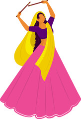 Sticker - Cartoon Indian Woman Playing With Dandiya Sticks On White Background.