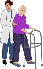 Canvas Print - Doctor Assisting Old Man On A Walker Against White Background.