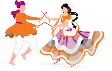 Wall Mural - Faceless Indian Couple Playing Dandiya In Traditional Attire On White Background.