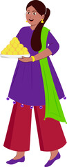 Wall Mural - Happiness Teenager Girl Holding Plate Of Indian Sweet (Laddu) In Standing Pose.