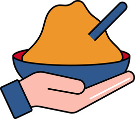 Sticker - Hand Holding Food Bowl Icon In Blue And Orange Color.