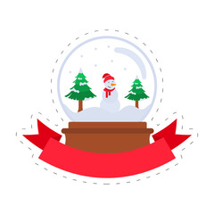 Sticker - Merry Christmas Celebration Greeting Card With Xmas Trees, Snowman Inside Snow Globe On White Background.