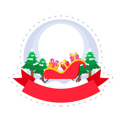 Sticker - Merry Christmas Celebration Concept With Sleigh Full Of Gift Boxes, Snowy Xmas Trees On White And Blue Background.