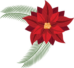 Sticker - Red Poinsettia Flower With Fir Leaves On White Background.