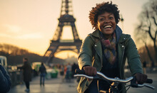 Cheerful Happy Young Black Woman Riding Bicycle In Paris Near The Eiffel Tower, Travel To Europe, Famous Popular Tourist Place In World.