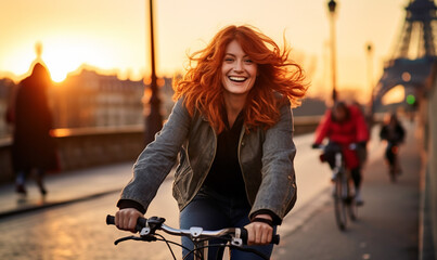 Wall Mural - Cheerful Happy young woman with red hair riding bicycle in Paris near the Eiffel Tower, Travel to Europe, Famous popular tourist place in the world.