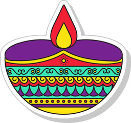 Poster - Colorful Burning Floral Diya (Oil Lamp) Icon In Sticker Style.