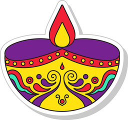 Sticker - Colorful Lit Floral Diya (Oil Lamp) Icon In Sticker Style.