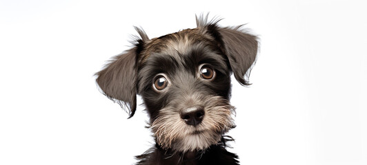 Wall Mural - A small dog with a cute face, on a white background, for text.