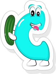 Wall Mural - Blue C Alphabet Cartoon Character Holding Cucumber Icon In Sticker Style.