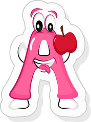 Poster - Pink A Alphabet Cartoon Character Holding Apple Icon In Sticker Style.