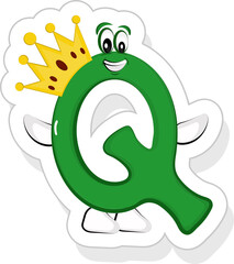 Sticker - Green Q Alphabet Cartoon Wearing Crown Icon In Sticker Style.