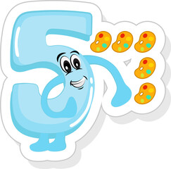 Sticker - Blue 5 Number Cartoon With Coloring Palette Icon In Sticker Style.