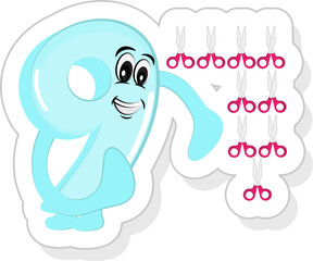 Sticker - Blue Funny Cartoon Number 9 With Scissors Icon In Sticker Style.