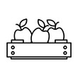 Wooden crate with apples from autumn harvest isolated on white. Seasonal harvesting. Healthy food pictogram symbol. Simple thin line black and white vector icon