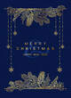 Christmas Poster with golden pine branches on blue background. New year illustration.