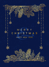 Christmas Poster With Golden Pine Branches On Blue Background. New Year Illustration.