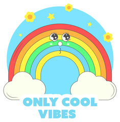 Canvas Print - Only Cool Vibes Font With Funny Rainbow, Clouds, Flowers On Blue And White Background.