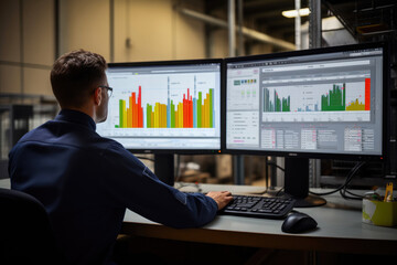 Factory Technician Reviewing Data on Screen