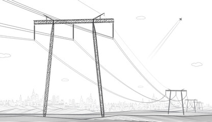 Wall Mural - High voltage transmission systems. Electric pole. Power lines. A network of interconnected electrical. Energy pylons. City electricity infrastructure. Gray otlines on white background. Vector design