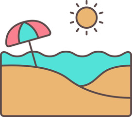 Sticker - Umbrella In Sand Water Wave With Sun Colorful Icon.