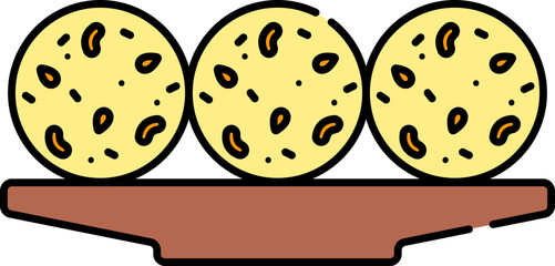 Sticker - Flat Style Laddu (Sweet Balls) Plate Yellow And Brown Color.