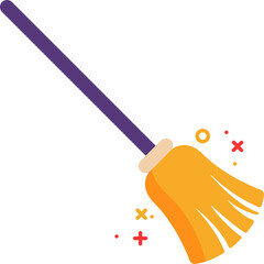 Sticker - Flat Style Broom Icon In Purple And Yellow Color.