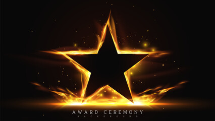 Black star frame with fire effects decorations and bokeh elements on dark scene. Award ceremony background. Vector illustration.