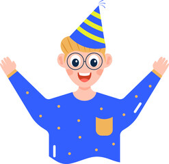 Poster - Vector Illustration Of Happy Little Boy Wearing A Party Hat In Sticker Style.