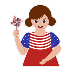 Canvas Print - American Flag Color Dress Wearing Happy Little Girl Holding Pinwheel Sticker Vector.