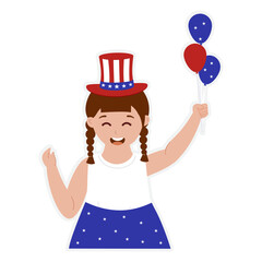 Poster - Cute Little Girl Wearing American Hat And Holding Balloon In Sticker Style.