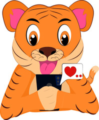 Sticker - Cute Tiger Love Chatting From Smartphone On White Background.