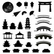 Silhouettes of Japanese objects,  parks and architecture. Vector illustration