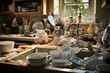 Disarray in kitchen with obstructed sink from spoiled food and unclean plates. Generative AI