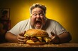 An overweight man indulging in a massive burger, highlighting the issue of obesity and unhealthy eating habits. 'generative AI'