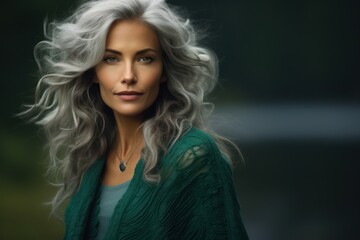 Wall Mural - beautiful woman with grey hair, beautiful model with blurred background