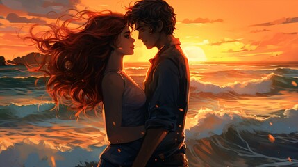 Wall Mural - Sunset Romance, Anime couple with Love.