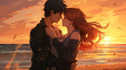 Wall Mural - Sunset Romance, Anime couple with Love.