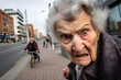 An old woman being envious or jealous, shot in an urban environment, emotions or moods concept. Generative AI