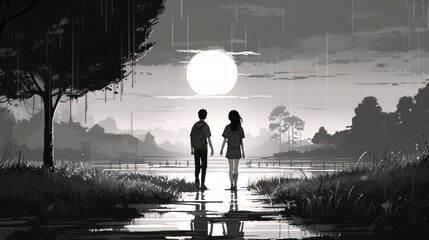 Wall Mural - Anime Couple Walking Together in Black and White, Romantic Stroll.