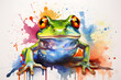Modern colorful watercolor painting of a green frog, textured white paper background, vibrant paint splashes. Created with generative AI