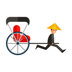 Wall Mural - Rickshaw driver in straw hat running flat vector icon. Asian man pulling open carriage with big wheels isolated on white background. Activities and professions, history, culture concept