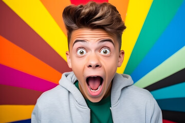 Wall Mural - Studio portrait of a teenager boy being excited and surprised, isolated on colorful background. Teenager emotions or moods concept. Generative AI