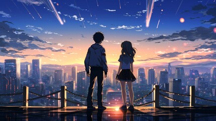 Wall Mural - Anime Couple in Love, City Background, Romantic Boyfriend and Girlfriend.