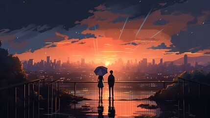 Wall Mural - Romantic Anime Couple Walking in Rainy Season of City Sunset.