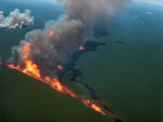 Aerial view from space of ecological disaster of fires