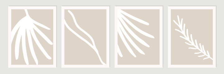 Aufkleber - Set of abstract organic shapes, leaves, lines and textures in white on neutral nude and beige background.