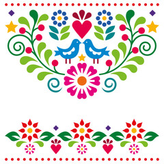 Wall Mural - Mexican folk art style vector greeting card or wedding invitation design with flowers and two birds
 